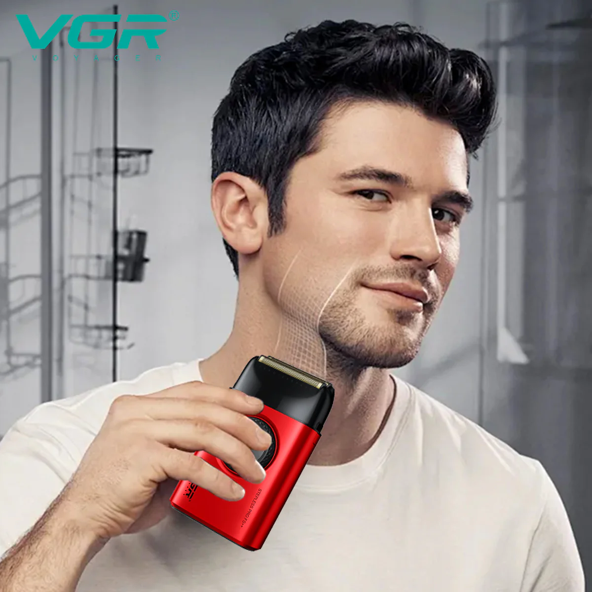VGR V-377 electric shaver in use, close shave on jawline